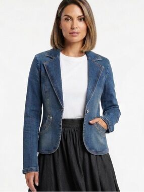 FIRST KISS Fitted Jean Jacket Denim Y2K Faded Denim Distressed Buttons Sz Small